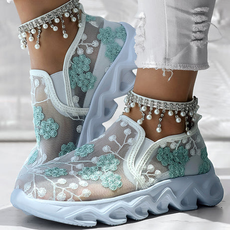Contrast Glitter Transparent Mesh Patch Breathable Sneakers - Without Ankle Strap
