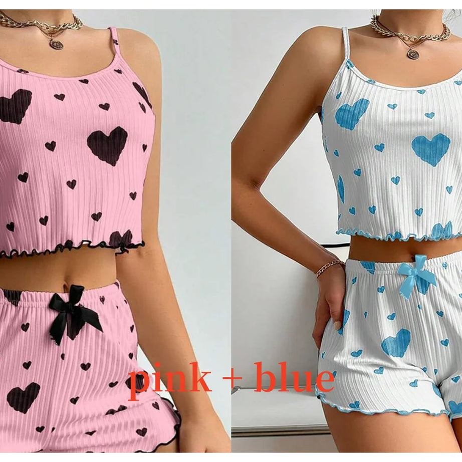 Women's Pajamas Set Sleepwear 2 PCS Short Tank Tops And Shorts S M L White Ventilate Soft Casual Love Printing