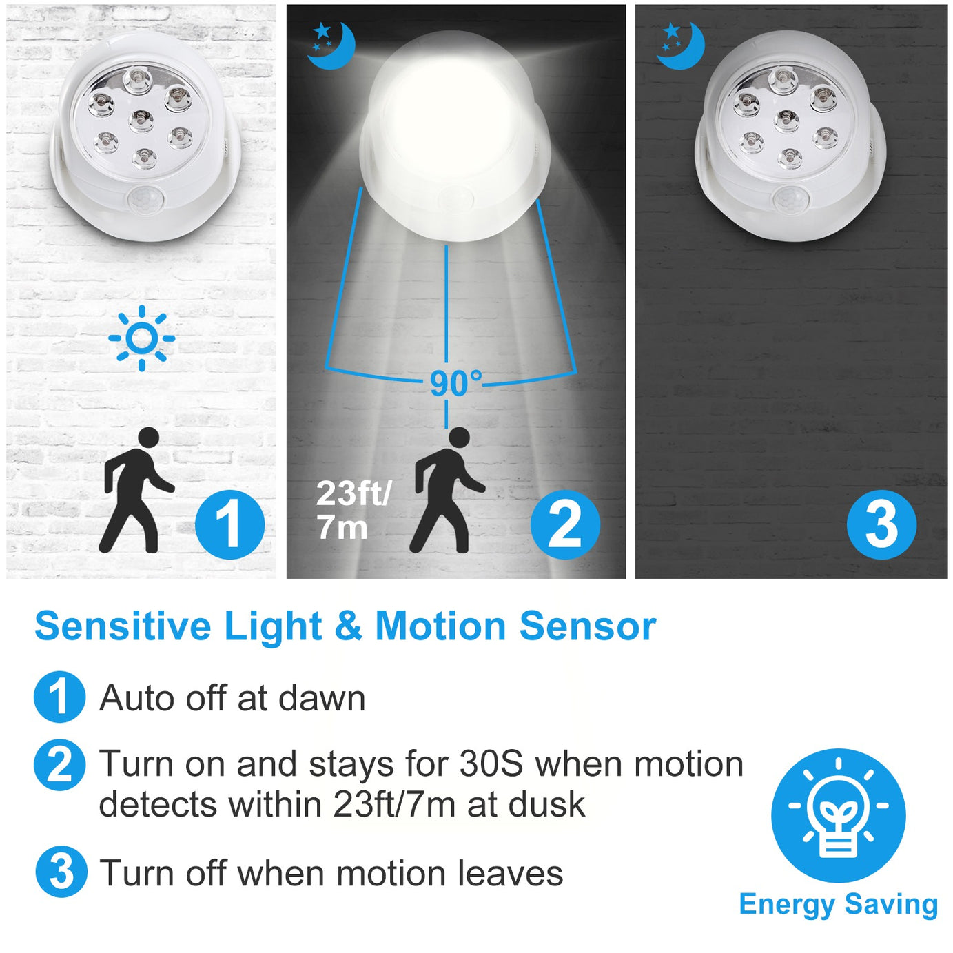 1Pc Wireless LED Spotlight Night Lamp 360 Degree Rotatable With 90 Degree Motion Sensor Battery Operated With 23ft Sensing Range For Closet Bathroom