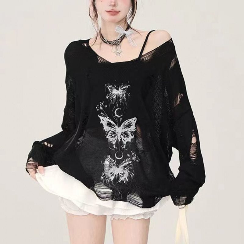 Graffiti Butterfly Hollow-Out Versatile Top For Women