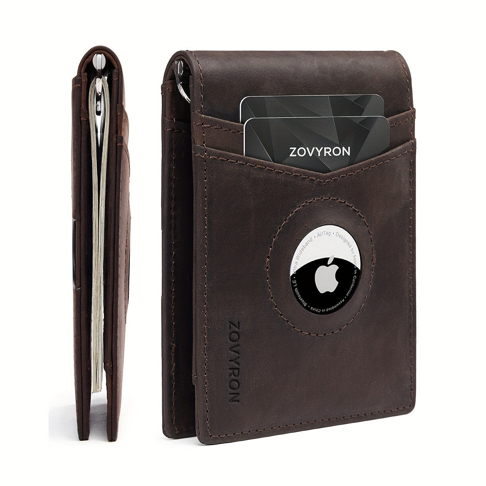 Mens Wallet Genuine Leather Slim Bifold Wallet With Airtag Holder, RFID Blocking, Front Pocket Wallet With Money Clip,ID Window Credit Card Holder