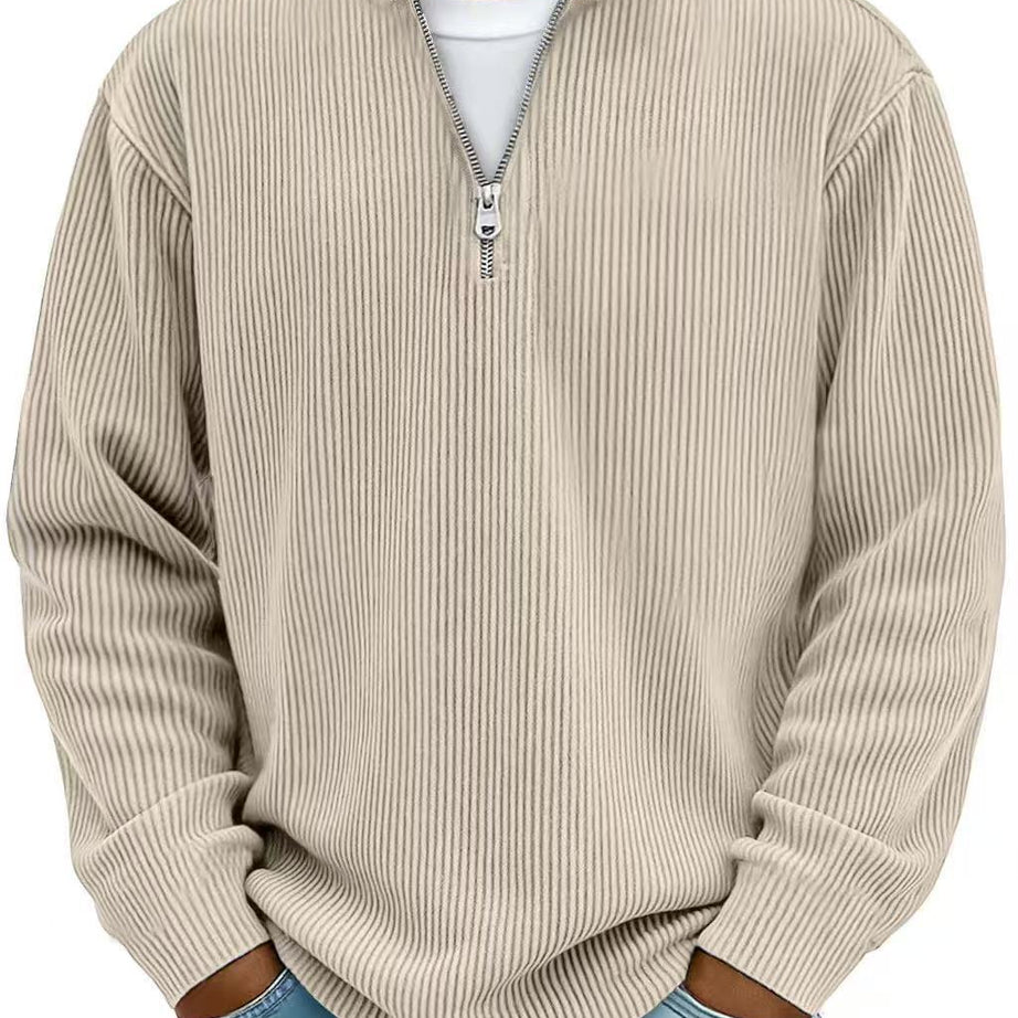Corduroy Zipper Stand Collar Sweatshirt Fashion Warm Solid Color Long Sleeve Top Men's Casual Polo Shirt Clothing
