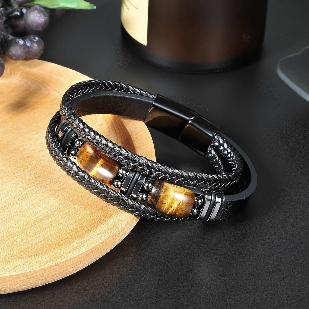 Natural Tiger Eye Stone Bracelet Healing Tiger Eye Quartz Leather Braided Gift