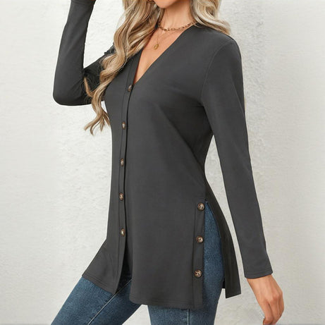 Women's Side Slit Cardigan - 2025 Spring Fall Lightweight V-Neck Button Down Cover Up