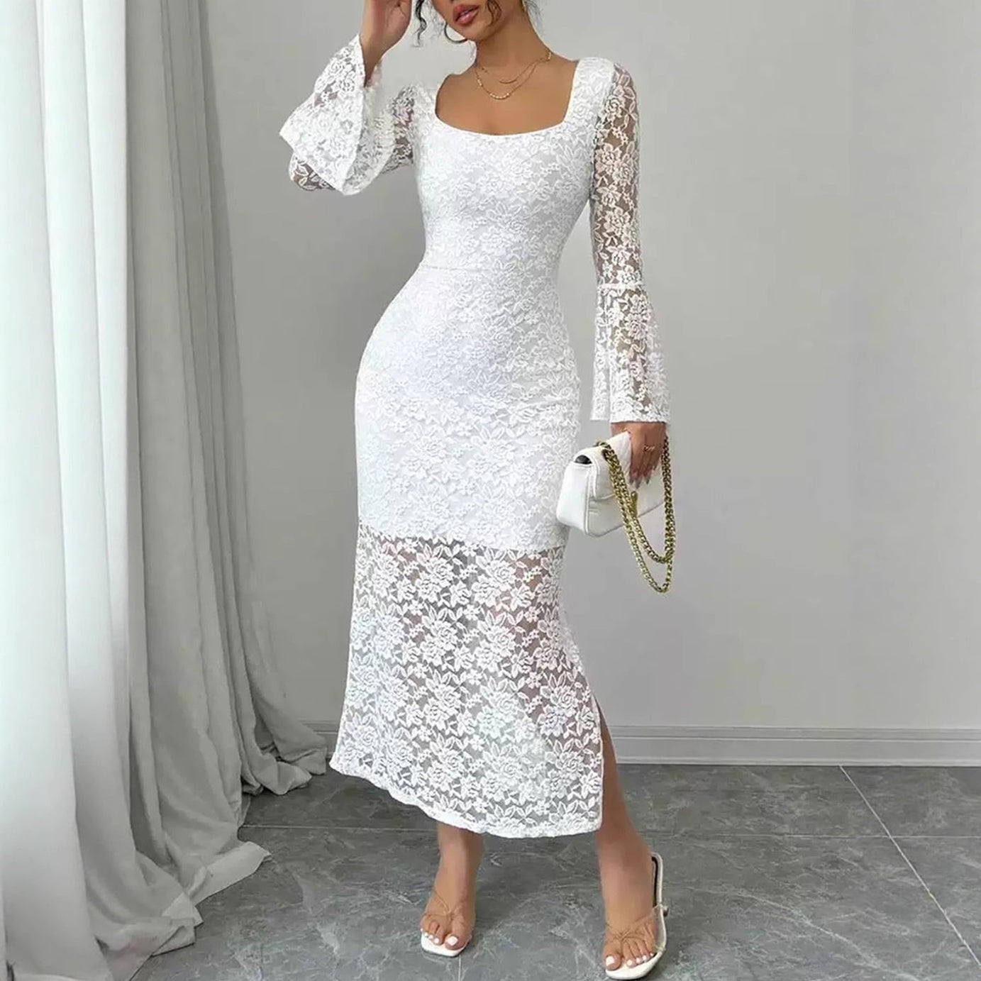 Fashionable Lace-Patchwork Square-Neck Flared-Sleeve Bodycon Dress
