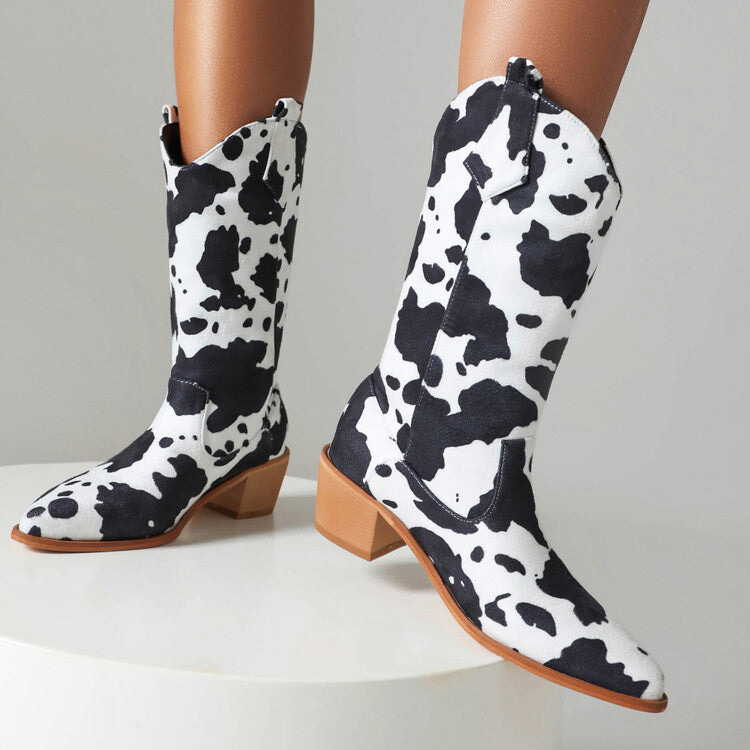 Women's Leather Boots With Cow Print Suede And Stylish