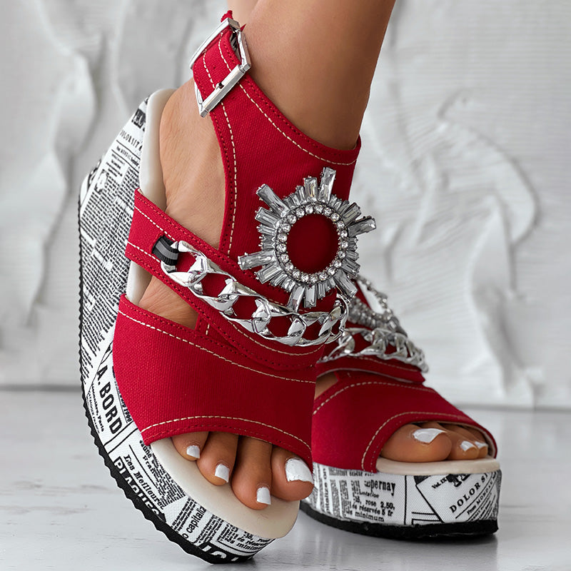 Newspaper Buckle Denim Wedge Slides - Anklet Not Included