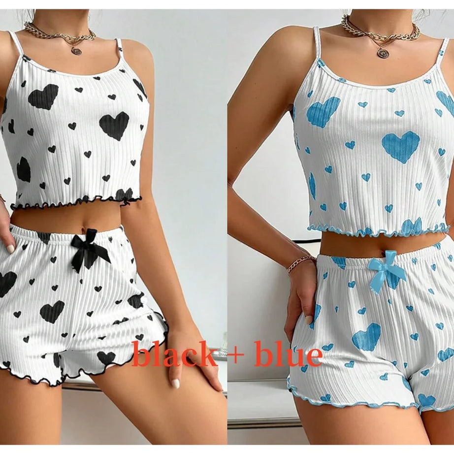 Women's Pajamas Set Sleepwear 2 PCS Short Tank Tops And Shorts S M L White Ventilate Soft Casual Love Printing