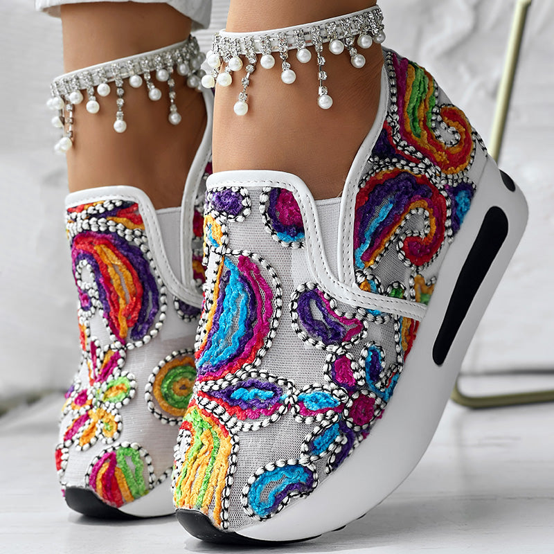 Women's Random Print Side Lace-Up Elastic Sport Shoes, Comfortable Slip-On Sneakers For Women, Casual Daily Wear Footwear