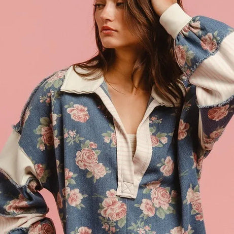 BiBi Washed Floral Denim Romper With Contrast Collar