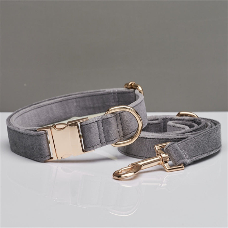 Multiple Colour Velvet Personalise Dog Collar Leash Set With Bow