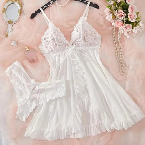 Transparent Red Sexy Lingerie Women's Underwear See Through Sleepwear Lace Nightdress And Panty Pijamas Sets Female Sexy Nighty