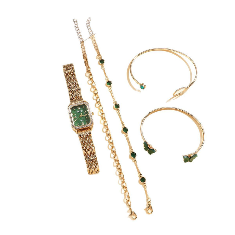 Wild Emerald Square Steel Watch Butterfly Bracelet 5pcsset Gift Set