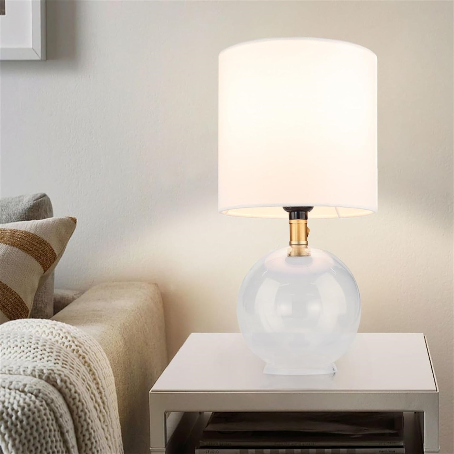 Small Table Lamp For Bedroom Glass Bedside Lamps For Nightstand, Minimalist Night Stand Light Desk Lamp With Cylindric Fabric Shade