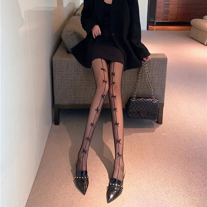 Women Sexy Mesh Fishnet Tights Stockings Pantyhose Bows Transparent Gothic Party Club White Black Women Lolita Socks Lingeries