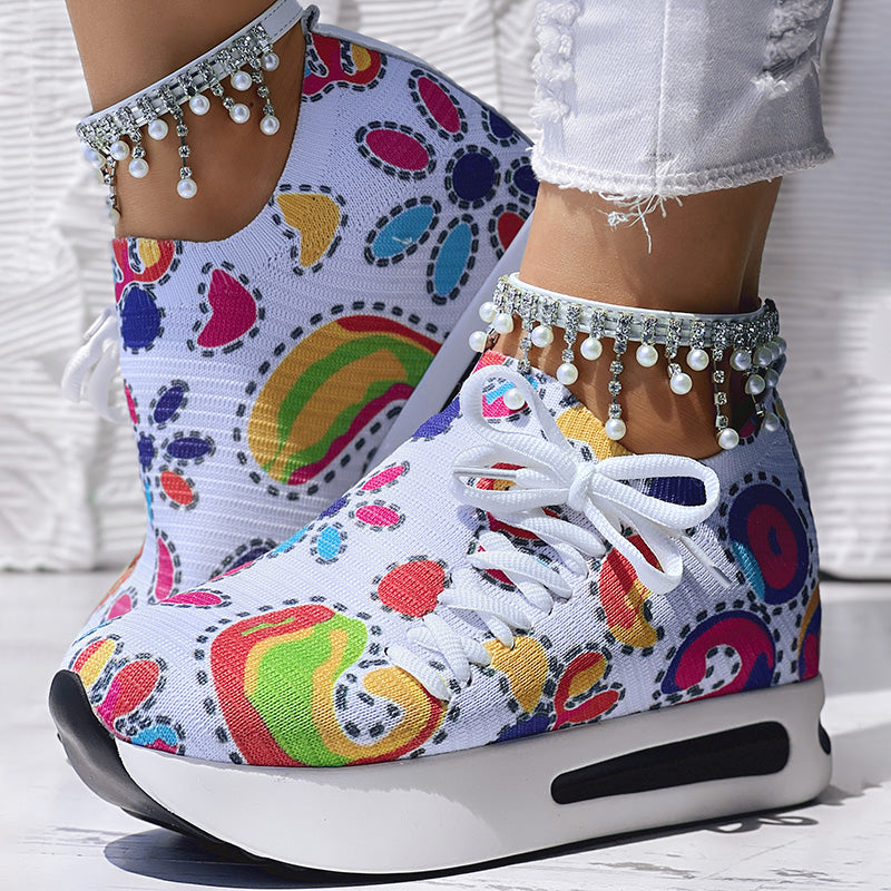 Women's Random Print Side Lace-Up Elastic Sport Shoes, Comfortable Slip-On Sneakers For Women, Casual Daily Wear Footwear