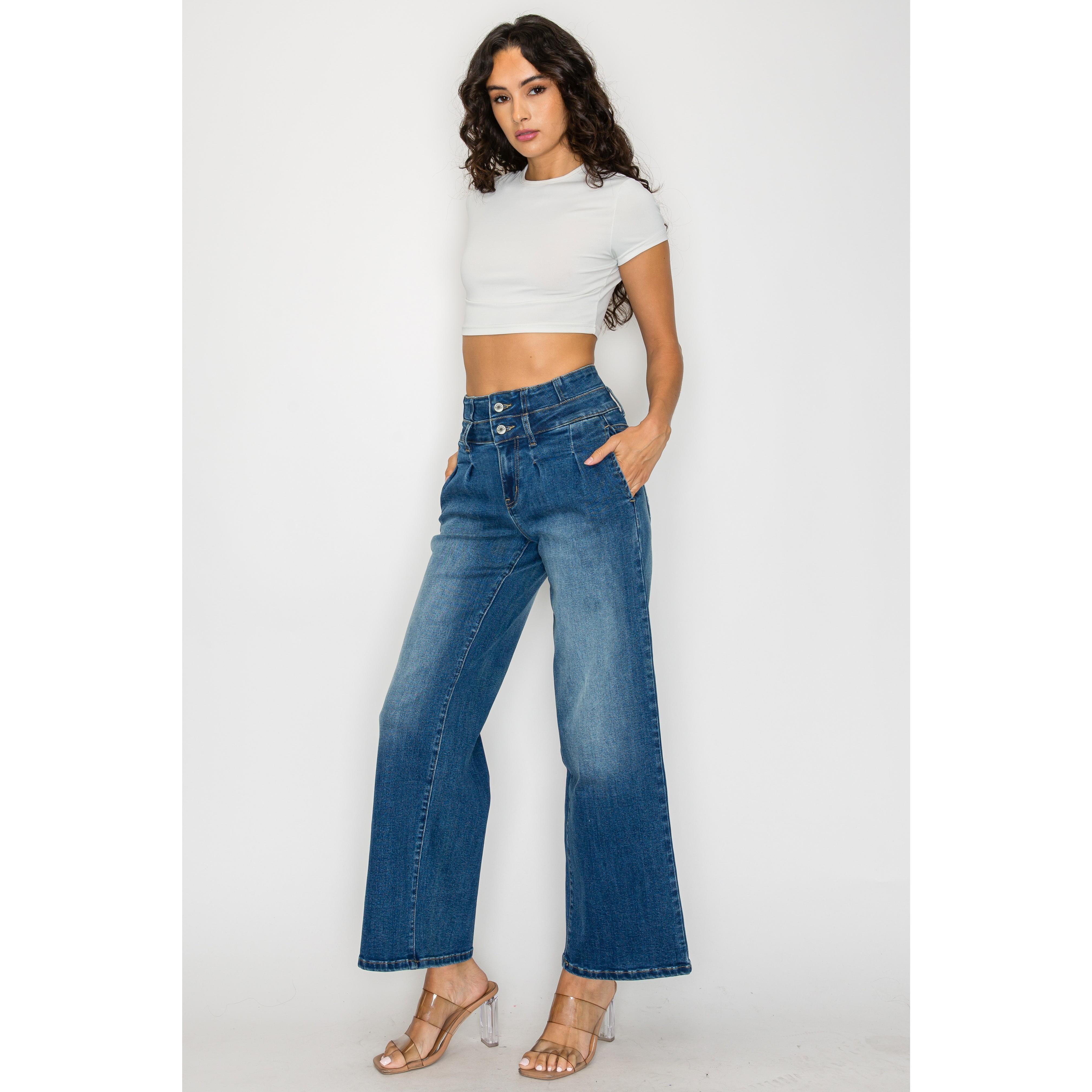 Women's Medium Blue Elastic Waist Jeans - Wide Leg Casual Denim