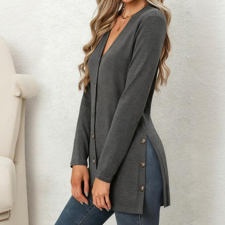 Women's Side Slit Cardigan - 2025 Spring Fall Lightweight V-Neck Button Down Cover Up