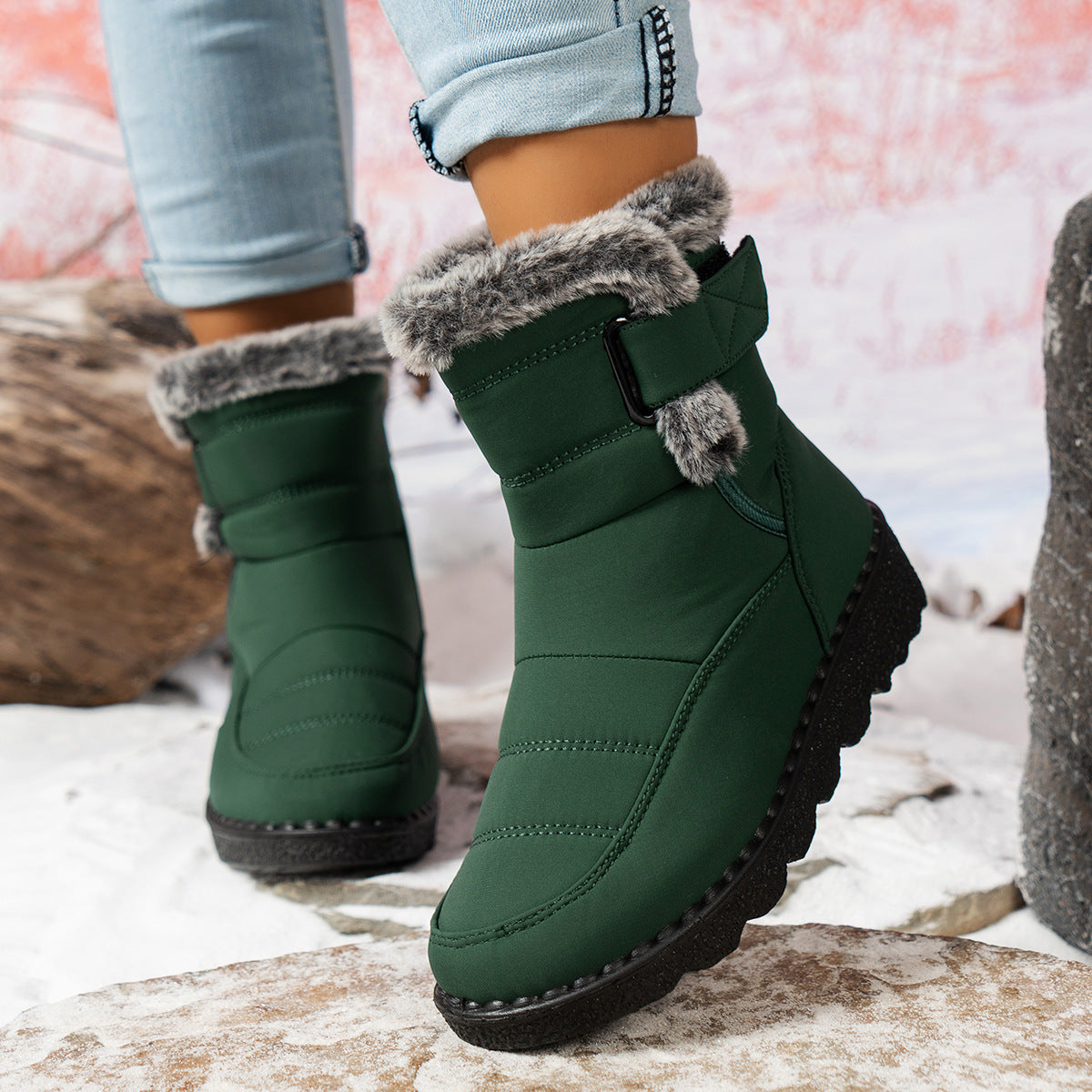 Women's Snow Boots With Rabbit Fur And Velcro Closure