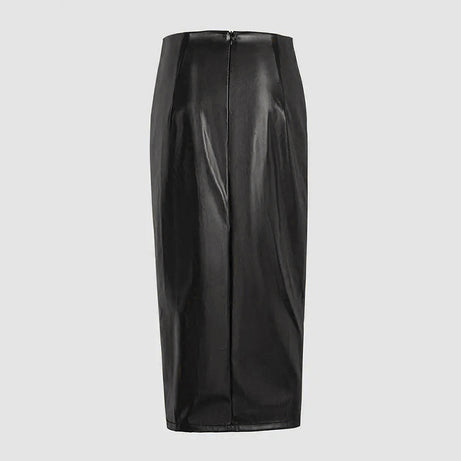 Women's Solid Color PU Leather Pencil Skirt, Drawstring Waist Bodycon Midi Skirt With Slit Hem