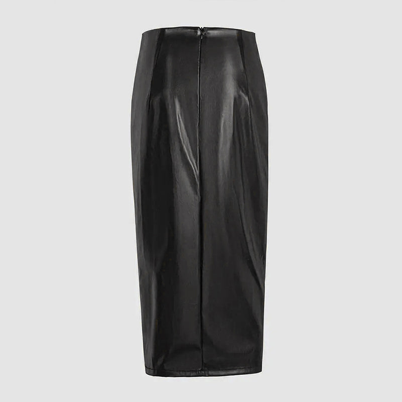 Women's Solid Color PU Leather Pencil Skirt, Drawstring Waist Bodycon Midi Skirt With Slit Hem