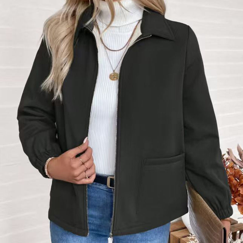 Women's Solid Color Fleece Jacket, Lapel Collar Cuff Sleeve Zip-Up Coat With Pockets For Casual Winter Wear