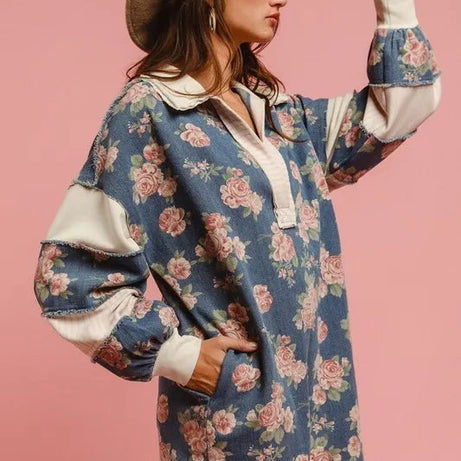 BiBi Washed Floral Denim Romper With Contrast Collar