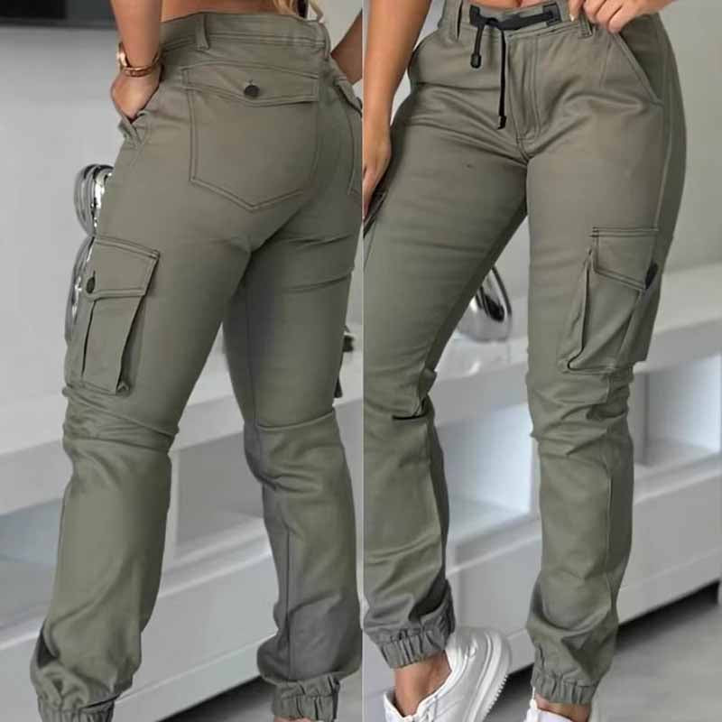 Women's High-Waisted Cargo Pants - Non-See-Through Work Pants With Drawstring Waist Multi-Pocket Slim Tapered Leg For Office