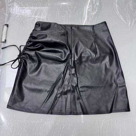 Women's Faux Leather Mini Skirt, Sexy Slim Side Slit Ruched Drawstring Bodycon Clubwear