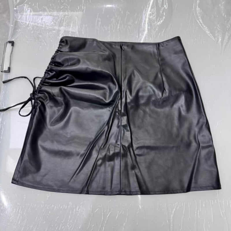 Women's Faux Leather Mini Skirt, Sexy Slim Side Slit Ruched Drawstring Bodycon Clubwear