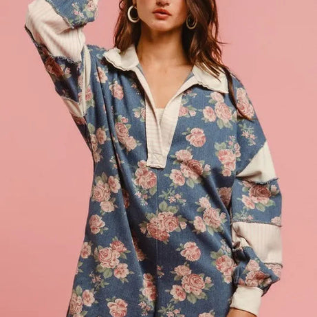 BiBi Washed Floral Denim Romper With Contrast Collar