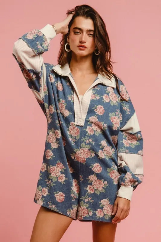 BiBi Washed Floral Denim Romper With Contrast Collar