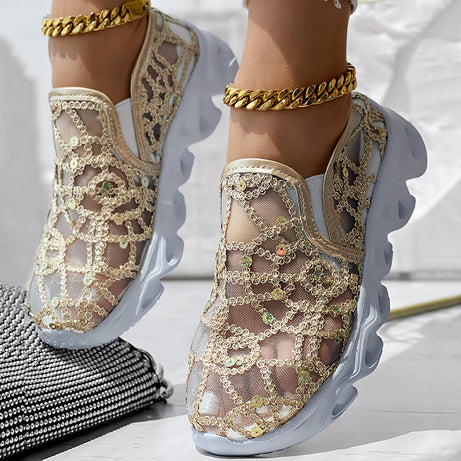 Contrast Glitter Transparent Mesh Patch Breathable Sneakers - Without Ankle Strap
