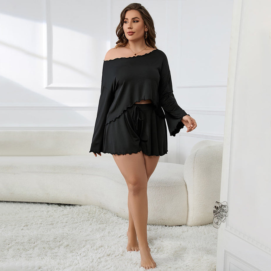 Simple-style Plus-size Loungewear Set Summer Ruffled-edge Long-sleeve Top And Cropped Pants