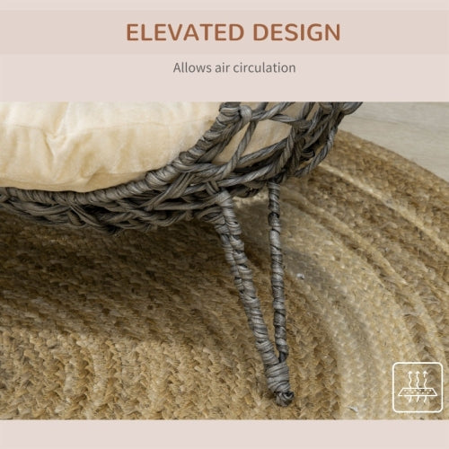 PawHut Rattan Elevated Cat Bed House Kitten Basket Ball Shaped Pet Furniture W Removable Cushion - Silver-Tone And Grey