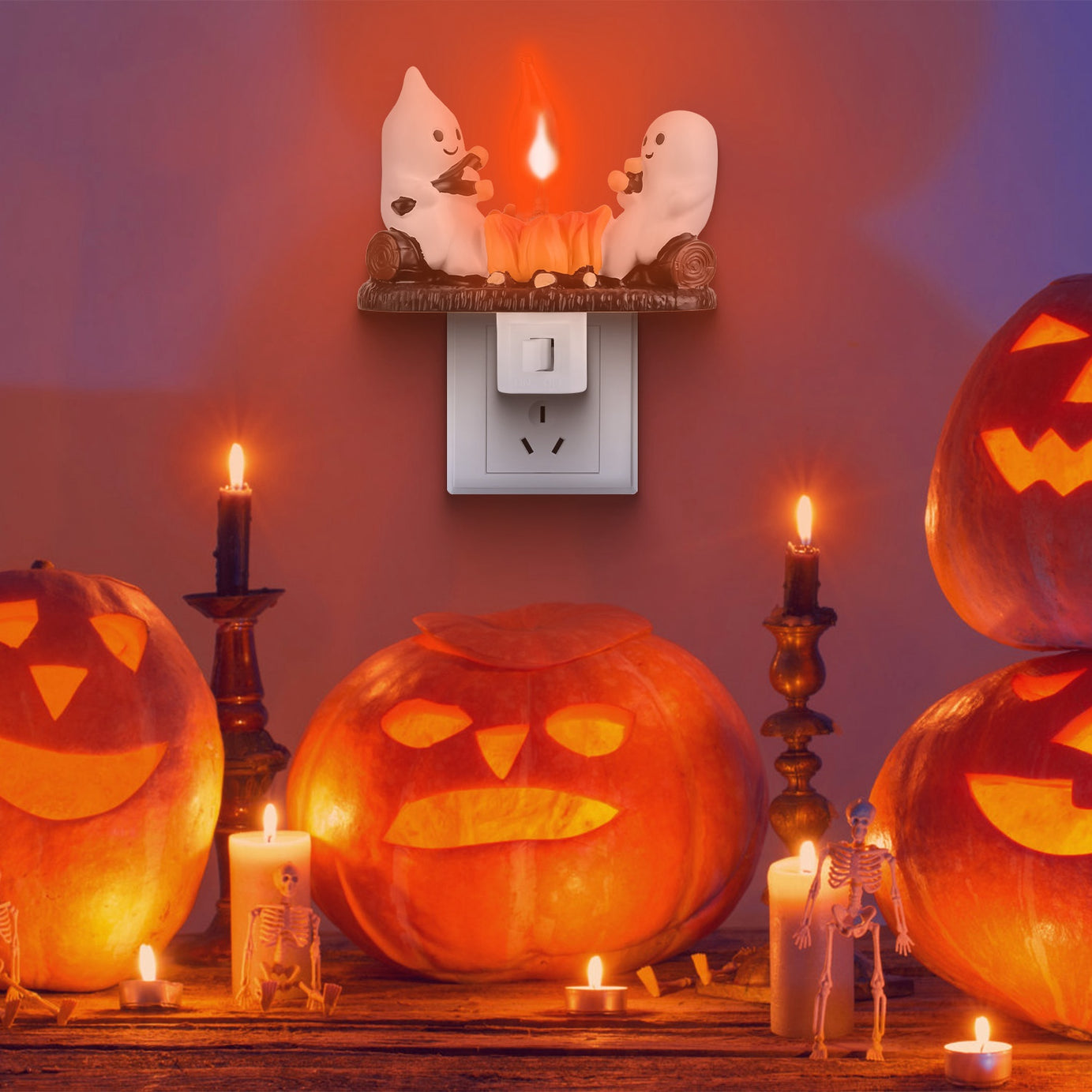 2Pcs Ghost Campfire Flickering Flame Night Light Indoor 3D Funny Halloween Nightlight Decoration Bedroom Night Light Halloween Decoration Gift For Friend Family