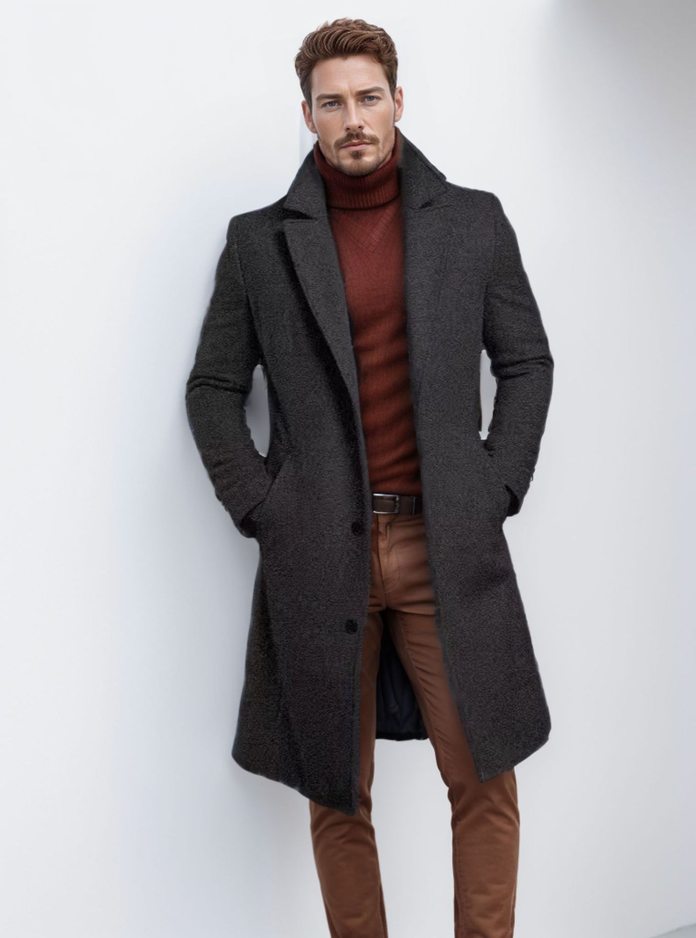 Men's Mid-length Solid Color Autumn And Winter Wool Warm Coat