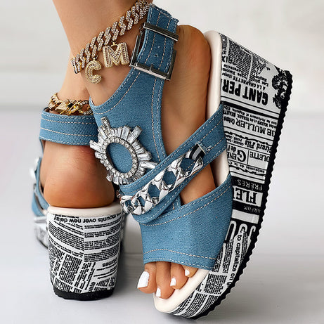 Newspaper Buckle Denim Wedge Slides - Anklet Not Included