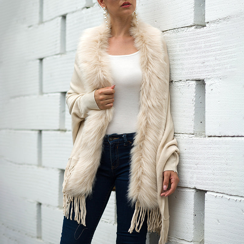 Women's Faux Fur Trim Cardigan Coat - Fringe Hem Layer Poncho For Fall & Winter
