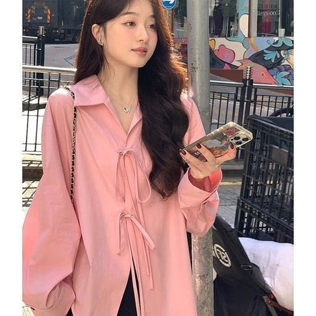 Laid-back Style Bow-Tied Long-Sleeve Shirt