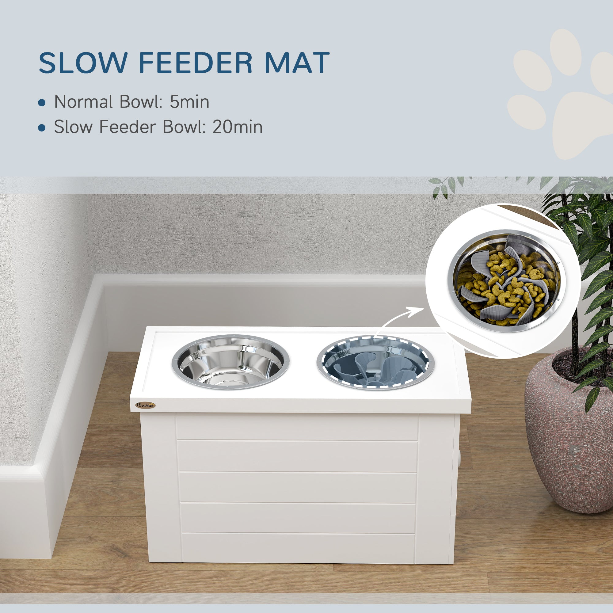 Elevated Dog Bowls with Slow Feeder Mat, Storage Cabinet, 3 Stainless Steel Bowls for Large & Extra Large Dogs, White