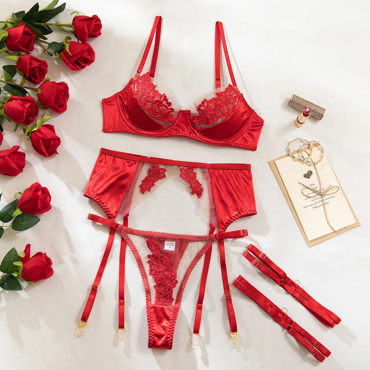 French Style Sexy Three-Point See-Through Lingerie Mesh Embroidery Patchwork Push-Up Bra Thong Four-Piece Set