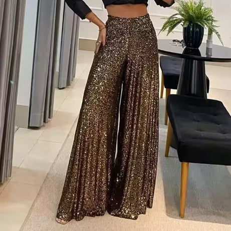 Women's Sequin Palazzo Pants Glitter Casual Loose Wide Leg Long Trouser