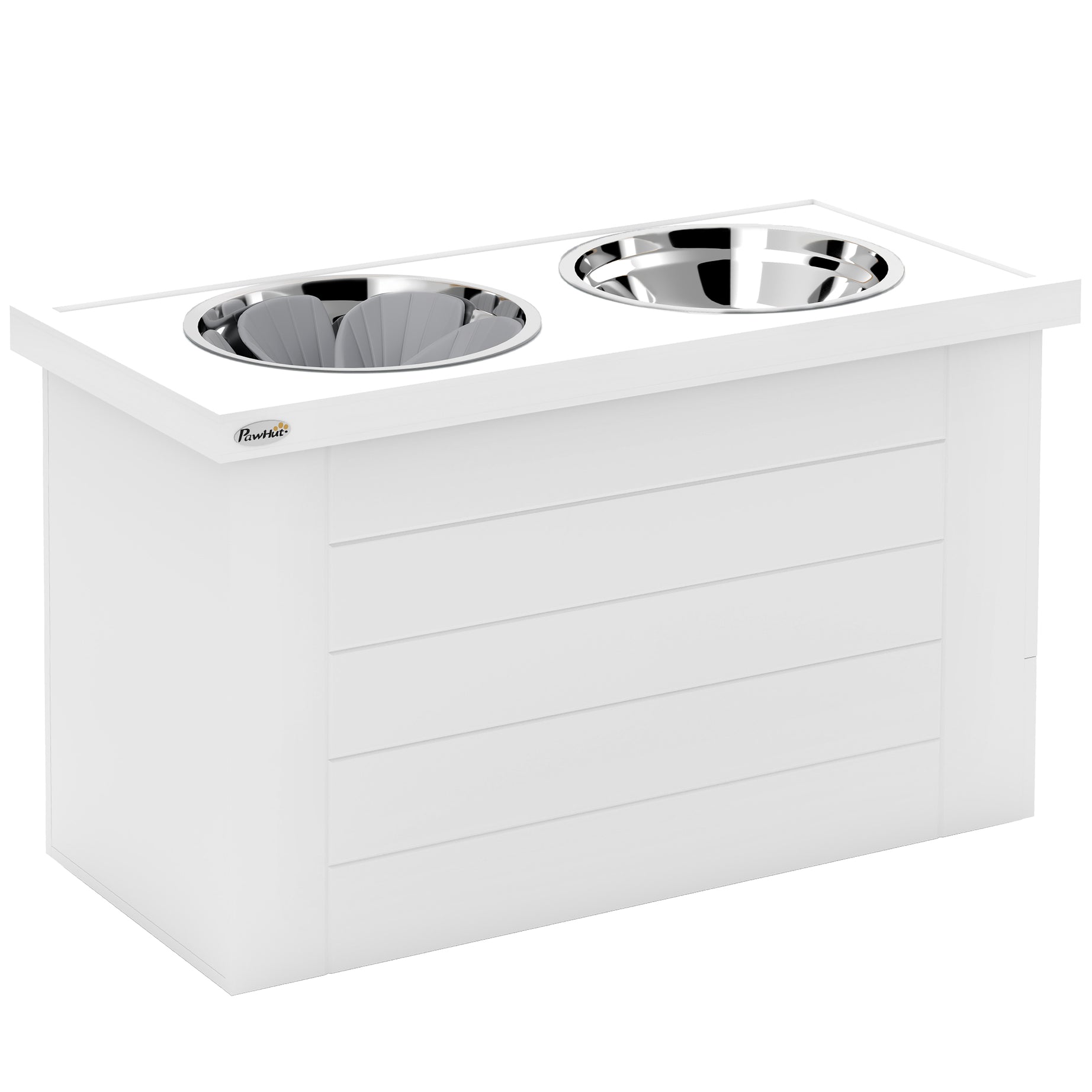 Elevated Dog Bowls with Slow Feeder Mat, Storage Cabinet, 3 Stainless Steel Bowls for Large & Extra Large Dogs, White