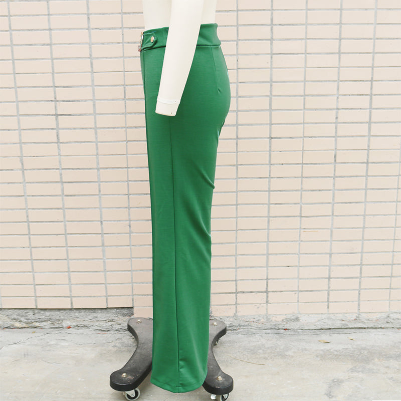 Women's High-Waisted Straight Leg Pants, Solid Color Tailored Trousers With Decorative Waist For Office Wear