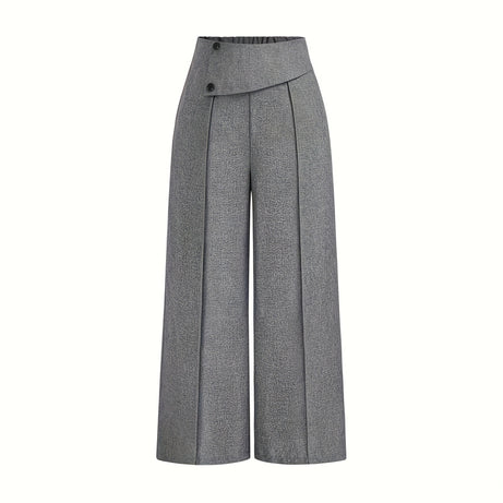 Women's Elegant High-Waisted Wide Leg Pants, Solid Color Button Detail Trousers For Office And Casual Wear