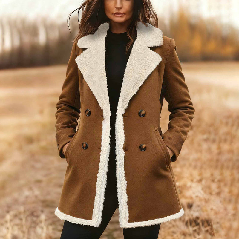 Women's Suede-Look Trench Coat, Classic Notch Lapel Double-Breasted Jacket With Pockets And Plush Lining