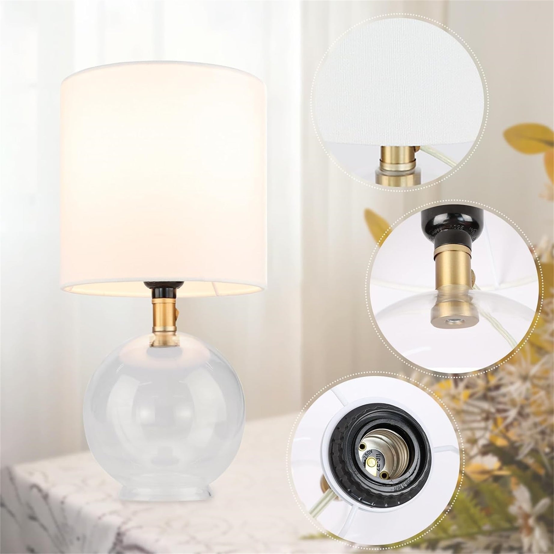 Small Table Lamp For Bedroom Glass Bedside Lamps For Nightstand, Minimalist Night Stand Light Desk Lamp With Cylindric Fabric Shade