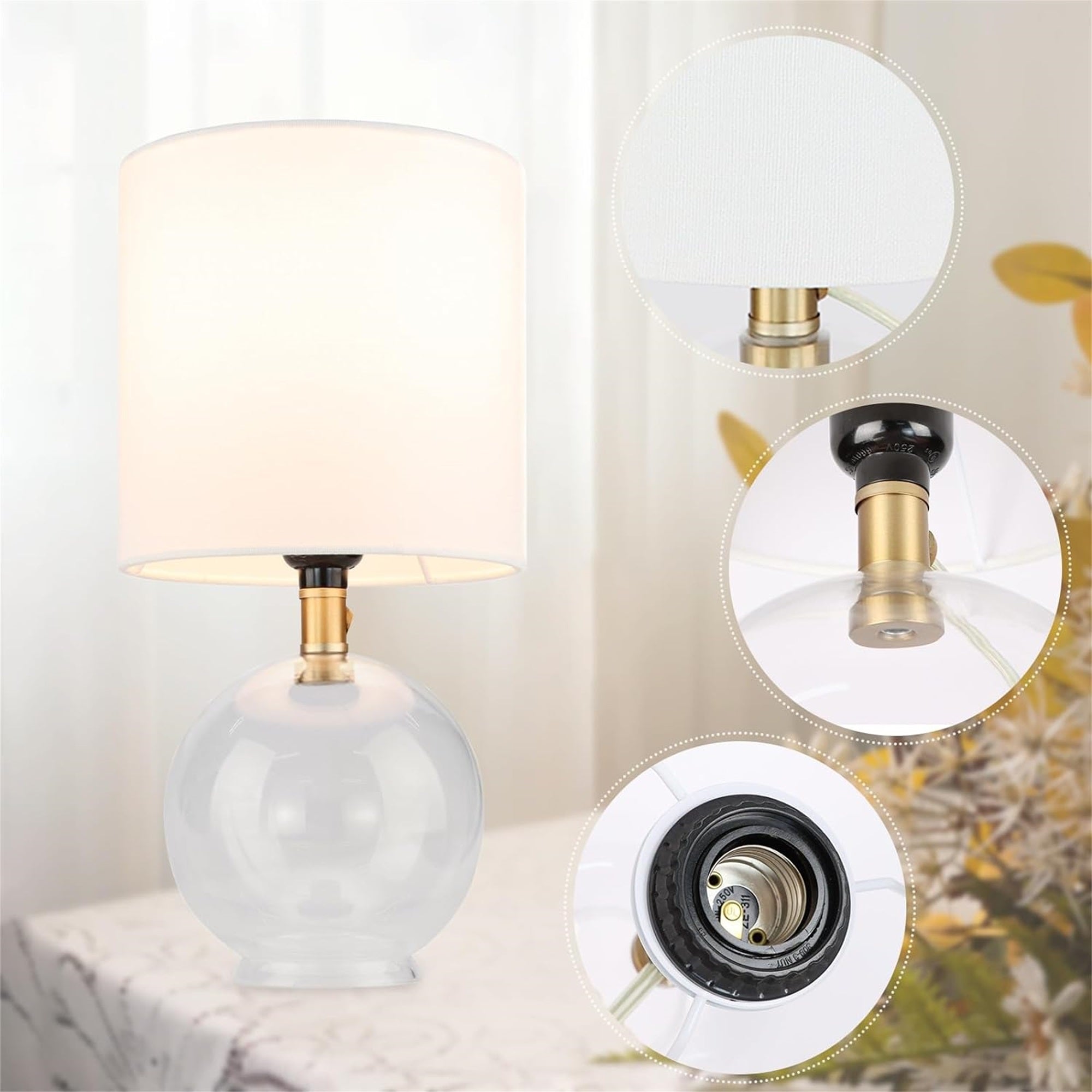 Small Table Lamp For Bedroom Glass Bedside Lamps For Nightstand, Minimalist Night Stand Light Desk Lamp With Cylindric Fabric Shade