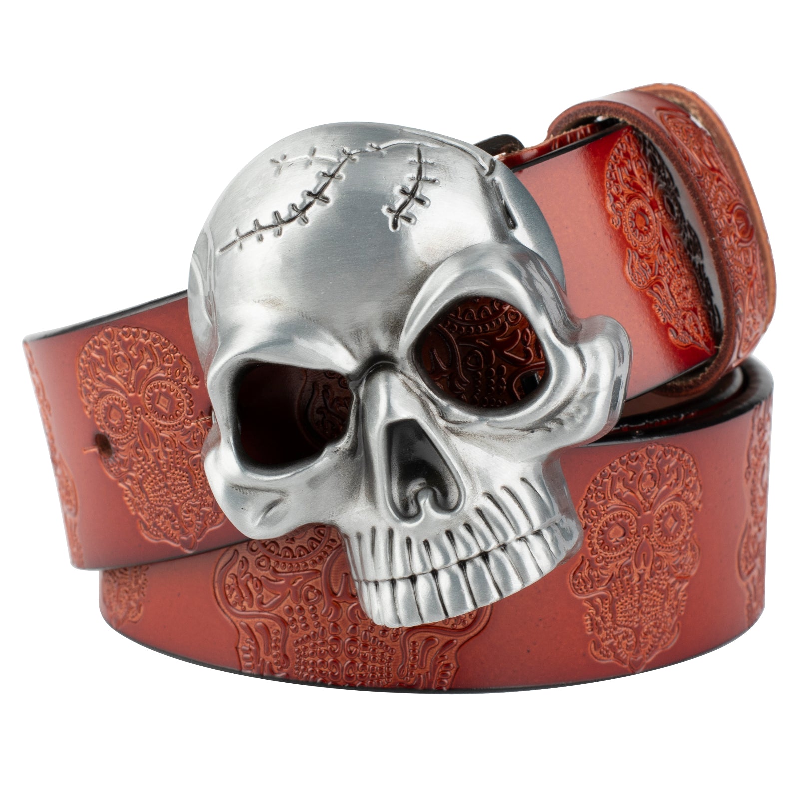 Leather Belt With Embossed Ghost Head Design And Smooth Skull Buckle